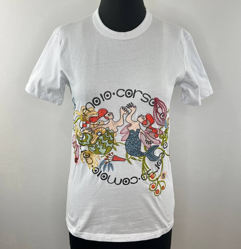 10 Corso Como Italy White 100% Cotton Embroidered Floral Mermaids Tee New York M